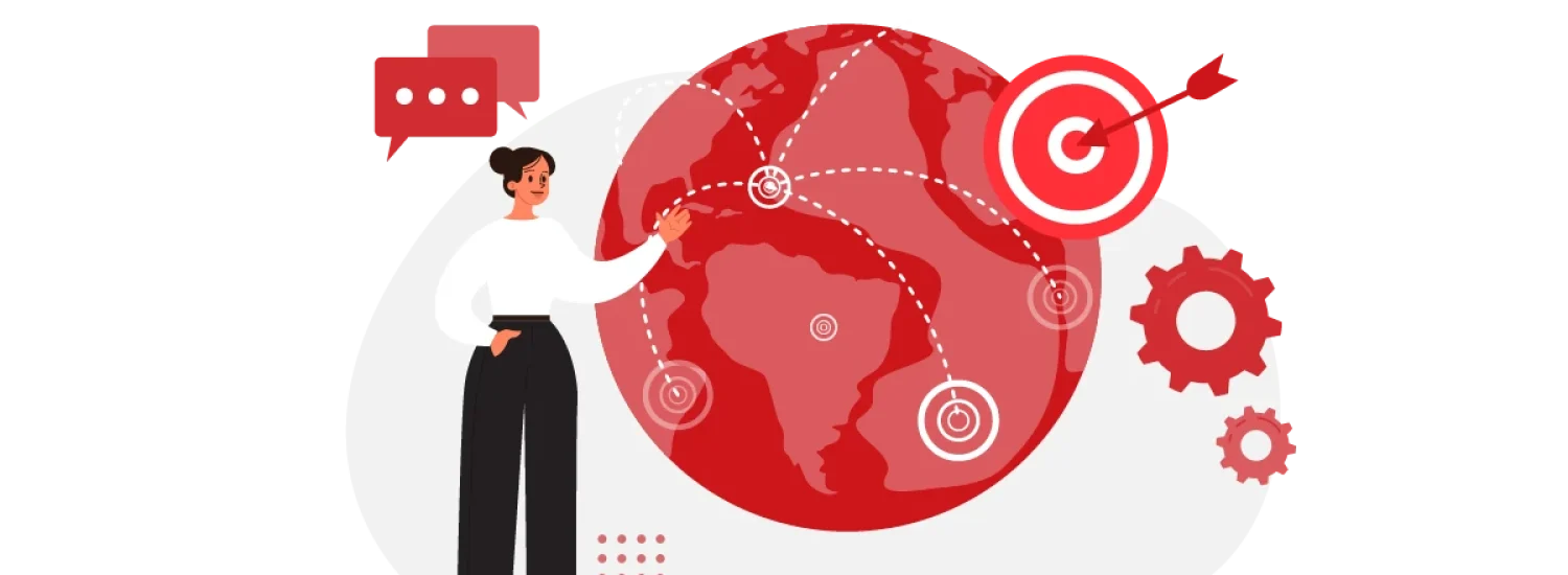 Illustration of a connected globe with a target icon, representing a transnational strategy.