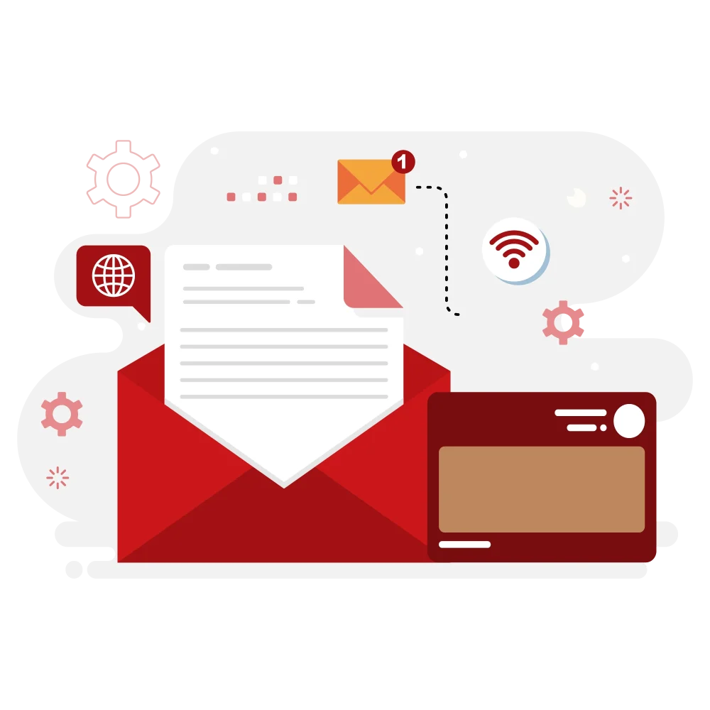 Localized web and email content—open envelope with letter, globe icon, Wi-Fi, and notification elements.