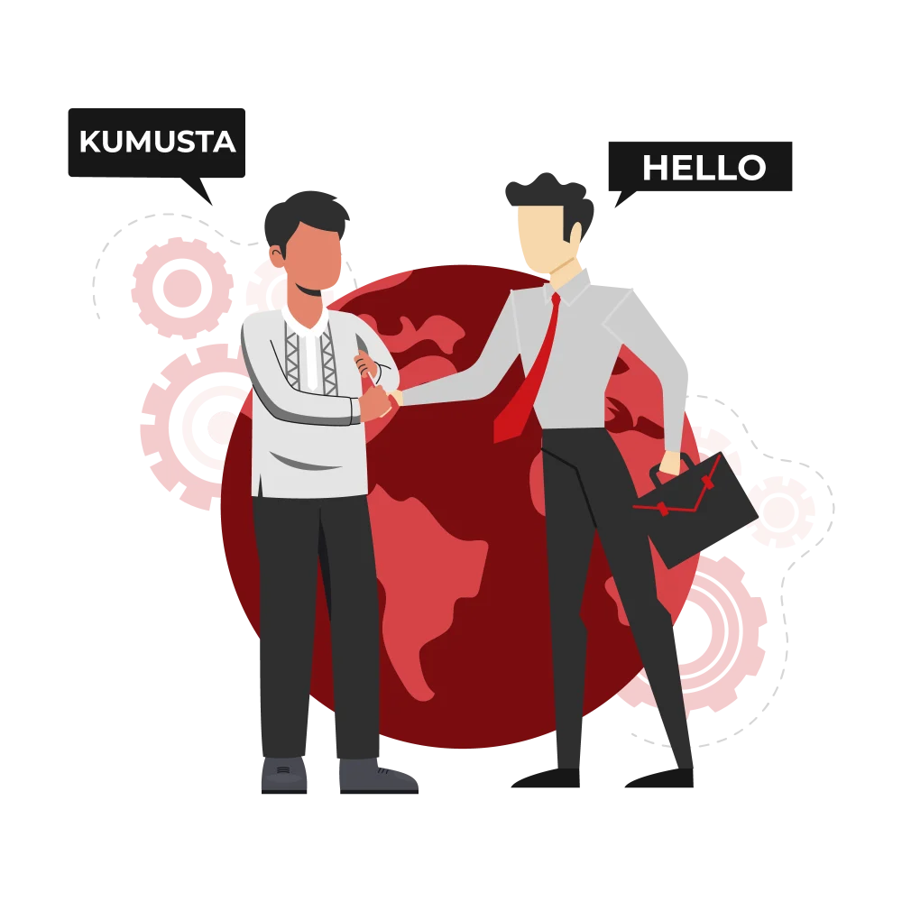 Handshake between Cebuano and English speakers under 'Kumusta' and 'Hello' bubbles, showing bilingual communication support.