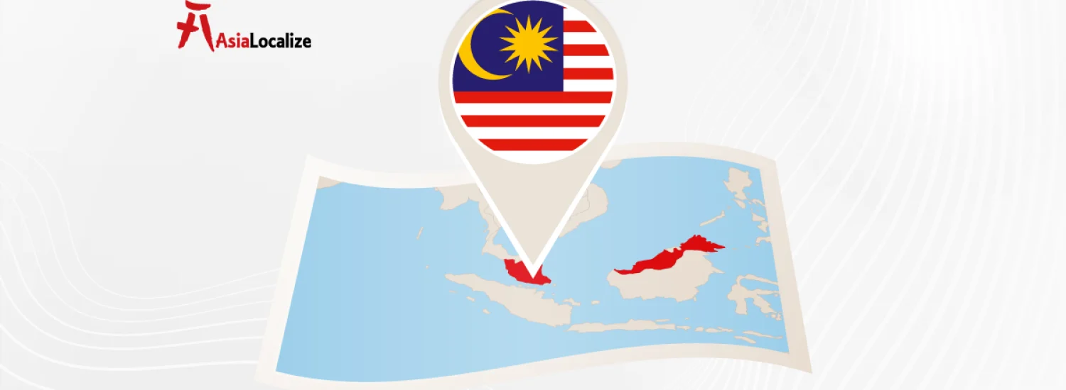 Illustrated map of Malaysia with the flag and a pin, showcasing the various languages spoken across the country.